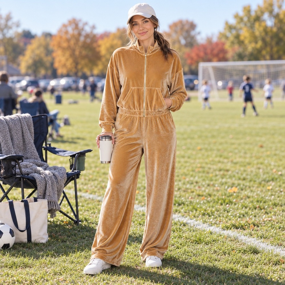 Fabletics Womens L Velour Wide Leg Jumpsuit Gold Half Zip Lounge Athleisure